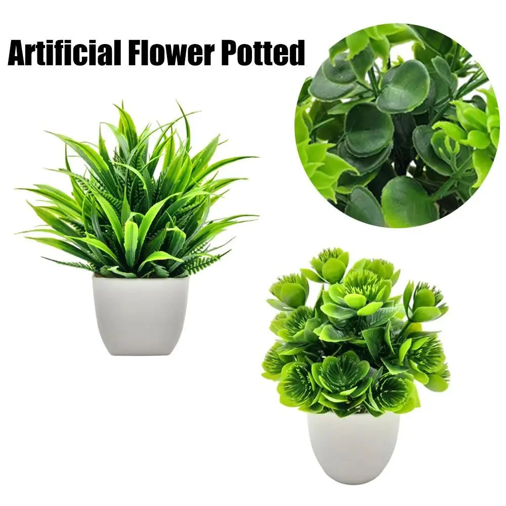 Small artificial potted plant with green foliage in a white pot, view 5