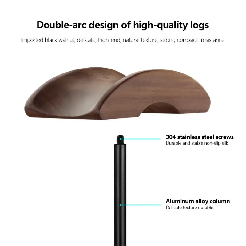 Walnut headphone stand with an aluminium base, view 4