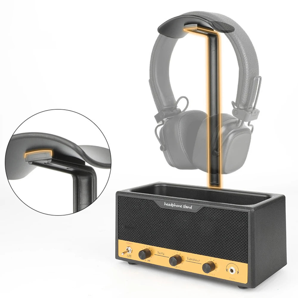 Wide black headphone stand with a full support bar, view 3