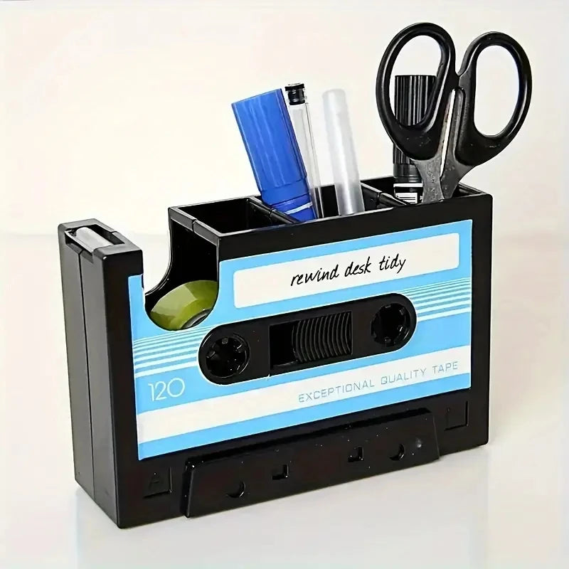 Cassette tape shaped desk tidy with pen compartments and a tape dispenser, view 6