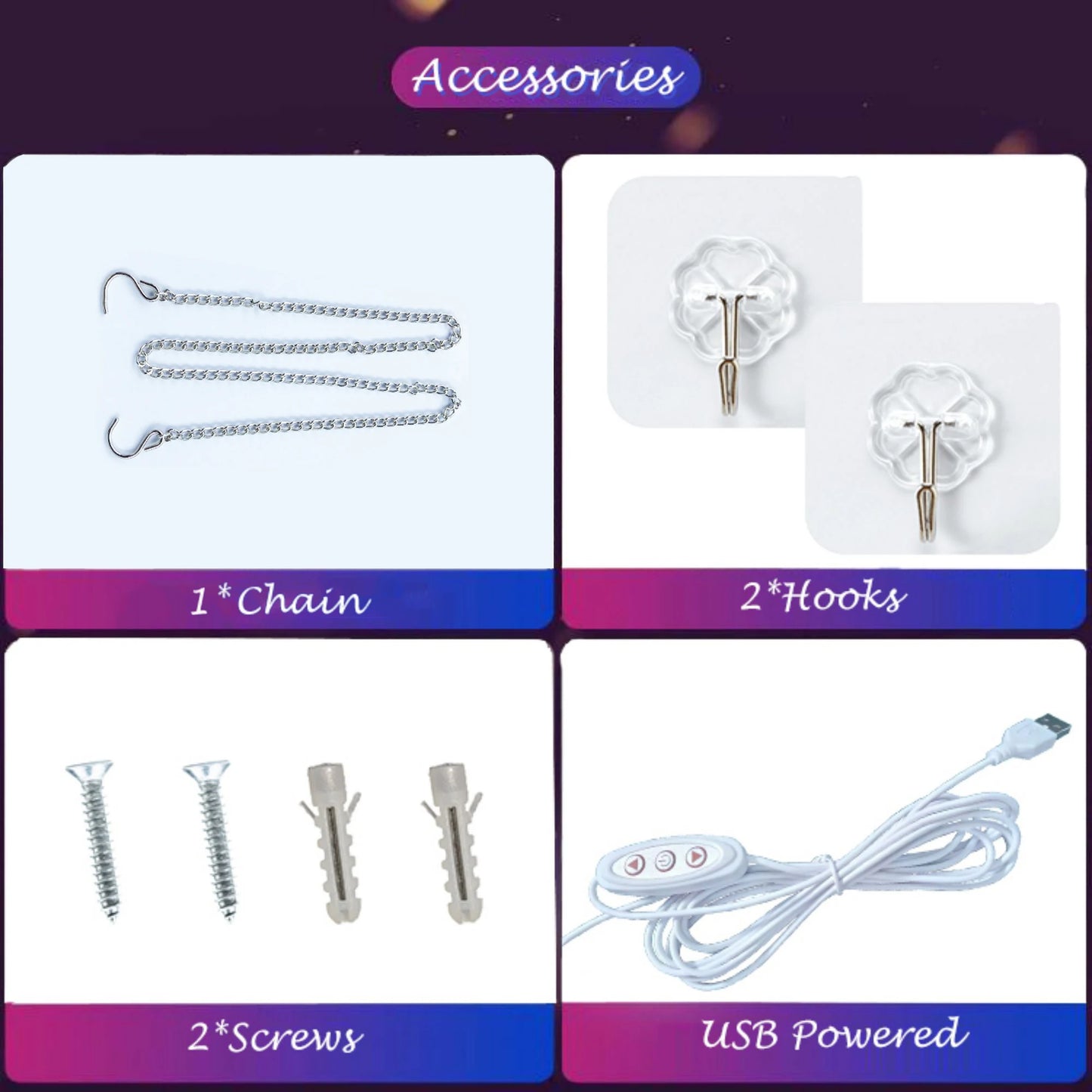 Set of accessories including a chain, hooks, screws, and a USB cable on a purple and white background.