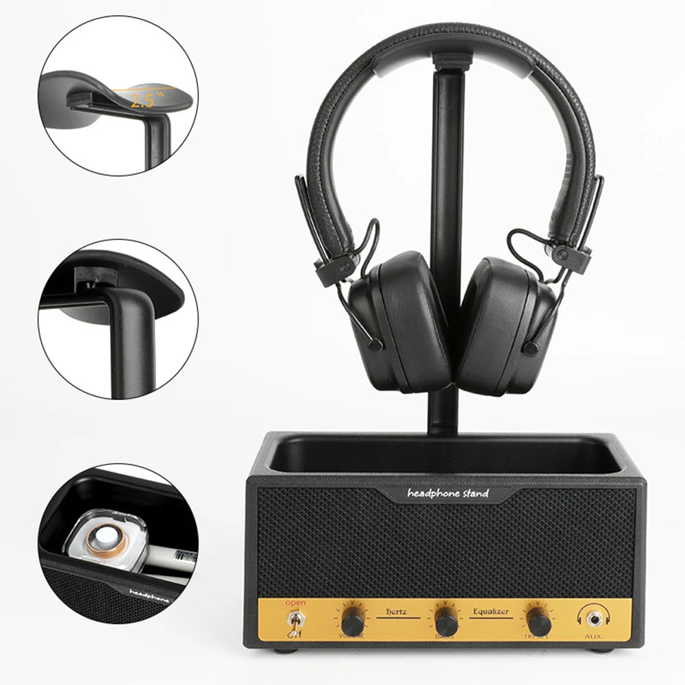 Wide black headphone stand with a full support bar, view 5