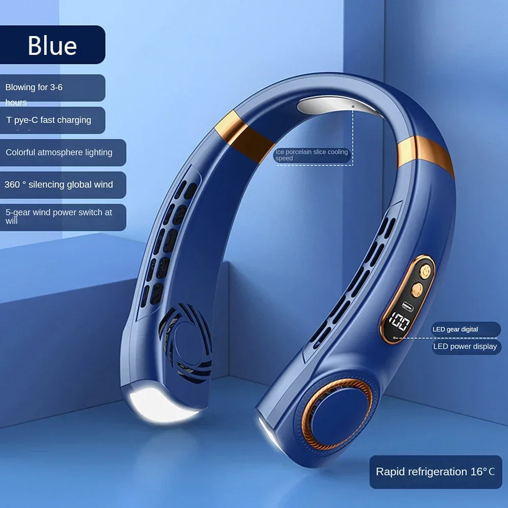 Bladeless Neck Fan Rechargeable, Portable Hands-Free USB Neck Fan with LED Digital Display, 5 Speed Settings, Colourful Atmosphere Light, Quiet Wearable Personal Fan for Home, Office, Outdoor and Travel