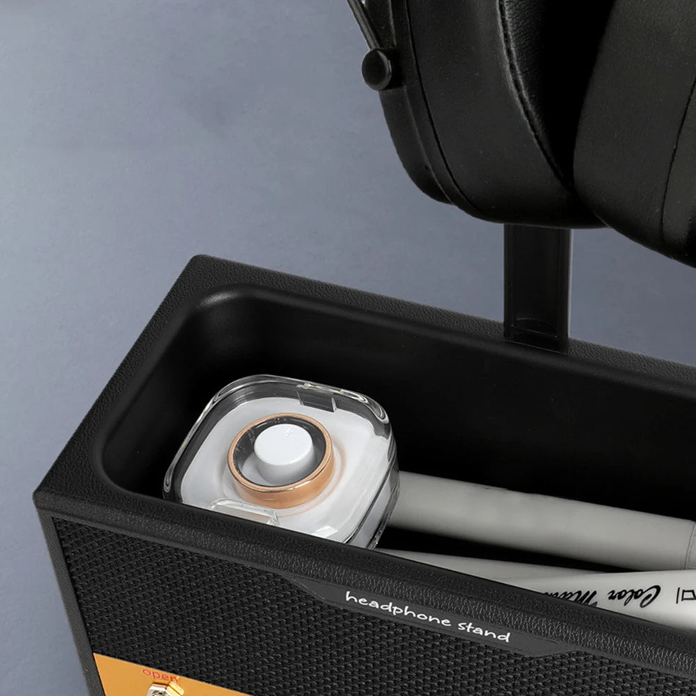 Wide black headphone stand with a full support bar, view 4