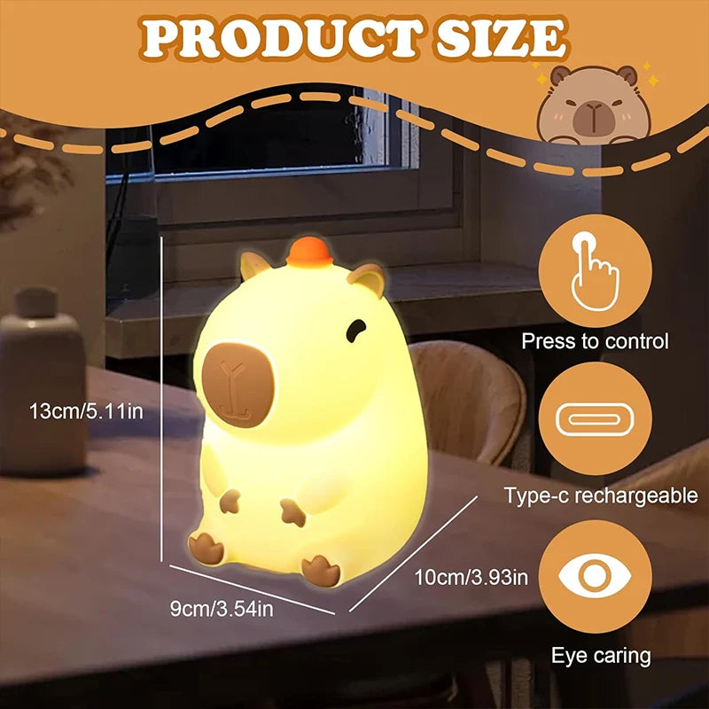 Dog-shaped night light with product size details on a table