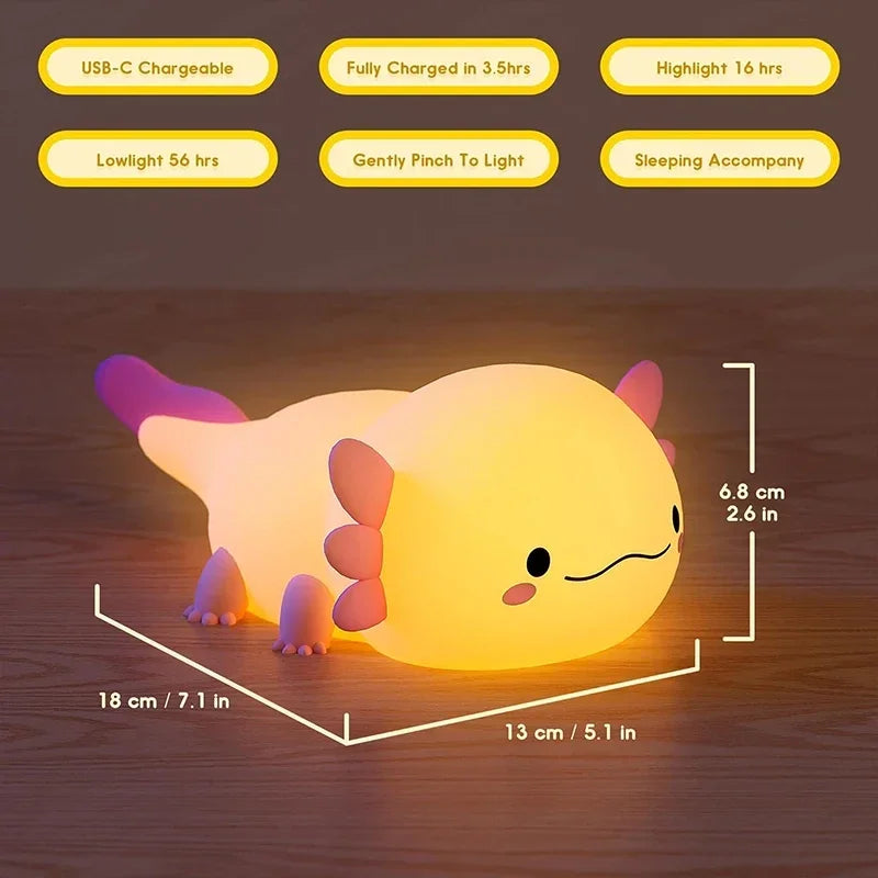 Cute animal shaped axolotl silicone night light 20cm, perfect bedside lamp for children's room
