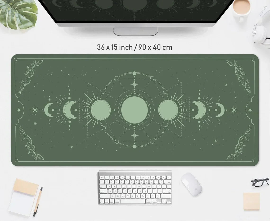 Beige desk mat printed with the phases of the moon, view 6
