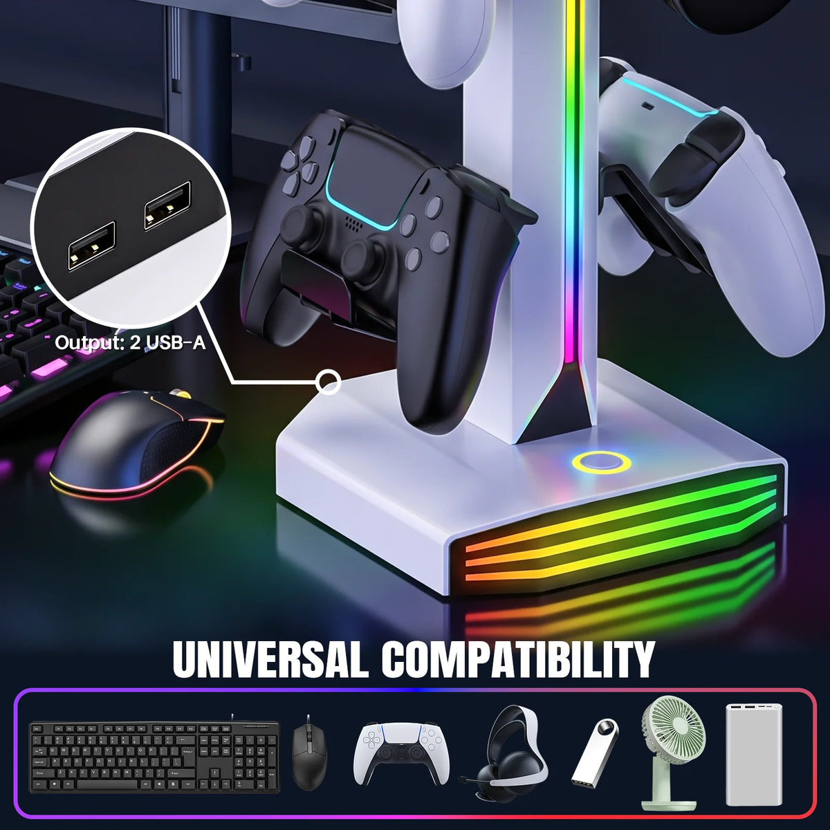 RGB lit controller stand with a headphone rest, view 3