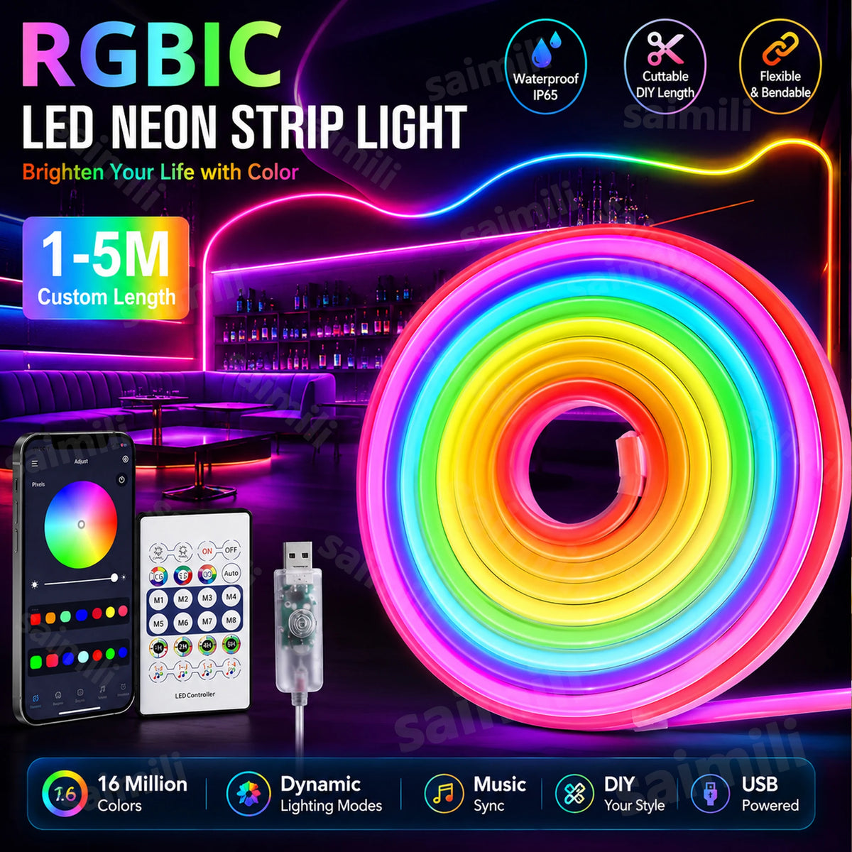RGBIC neon LED strip Bluetooth app music sync light