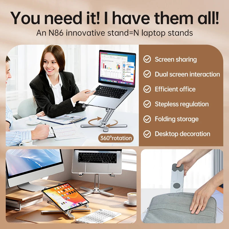 Foldable rotating aluminium laptop stand in silver or grey, view 2