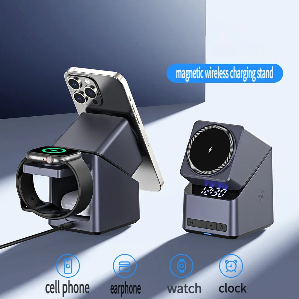 Magnetic 4 in 1 wireless charger with a digital clock, view 3