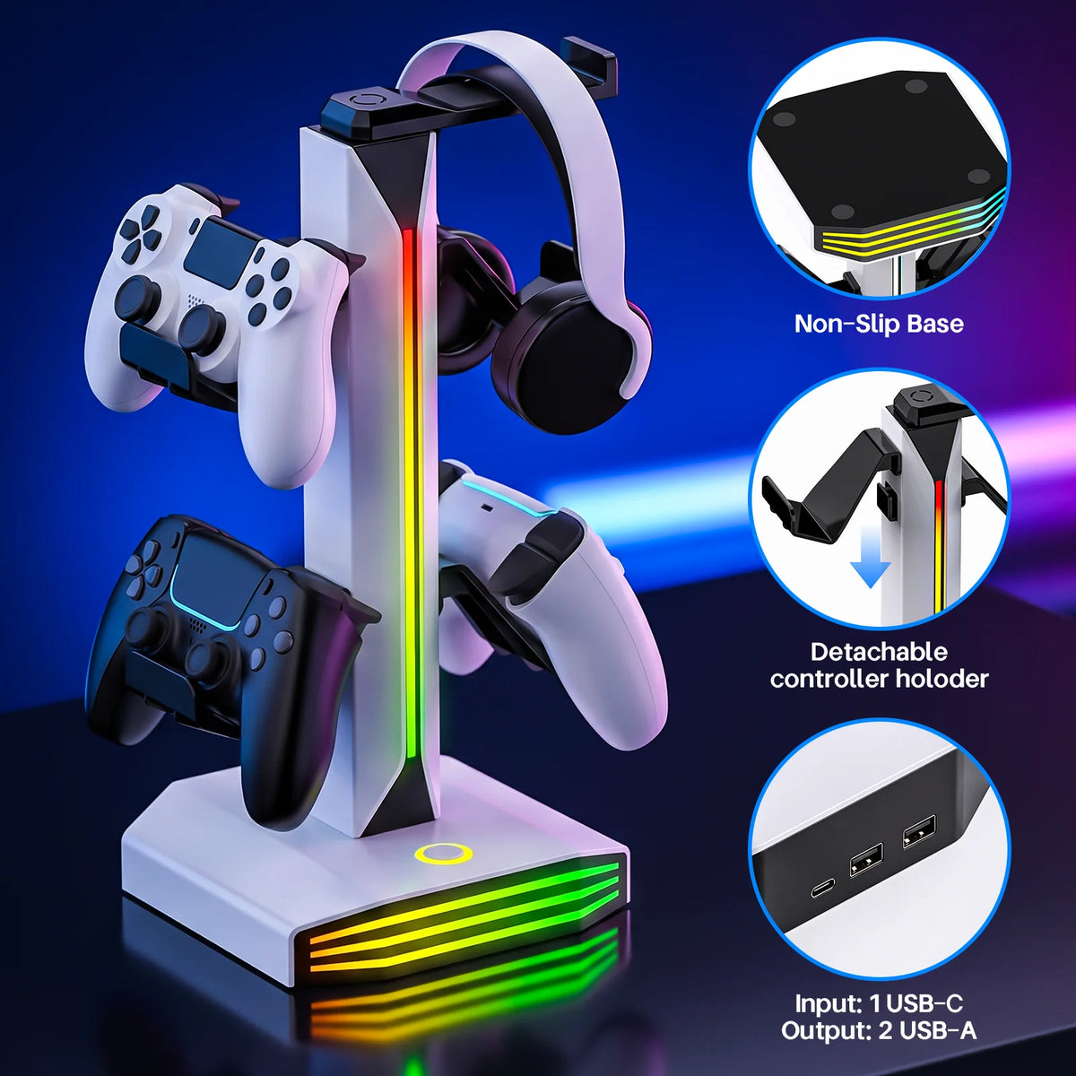 RGB lit controller stand with a headphone rest, view 4