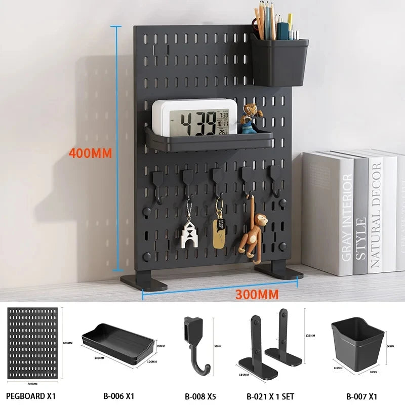Pegboard shelf holding a notebook upright