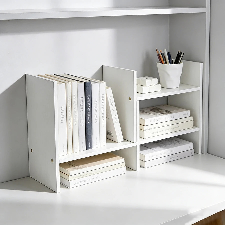 White adjustable desk bookshelf, expandable multi tier