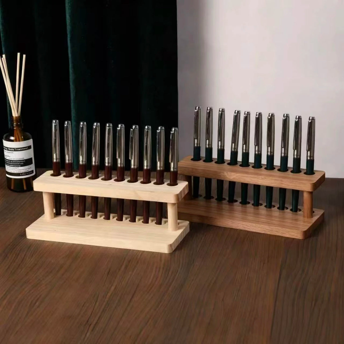 Walnut desk organiser with pen compartments and a phone slot, view 4