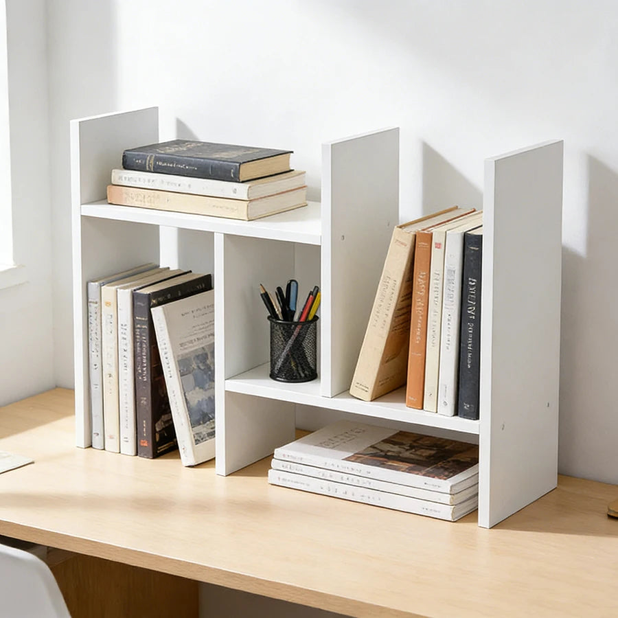 White adjustable desk bookshelf, expandable multi tier, view 5