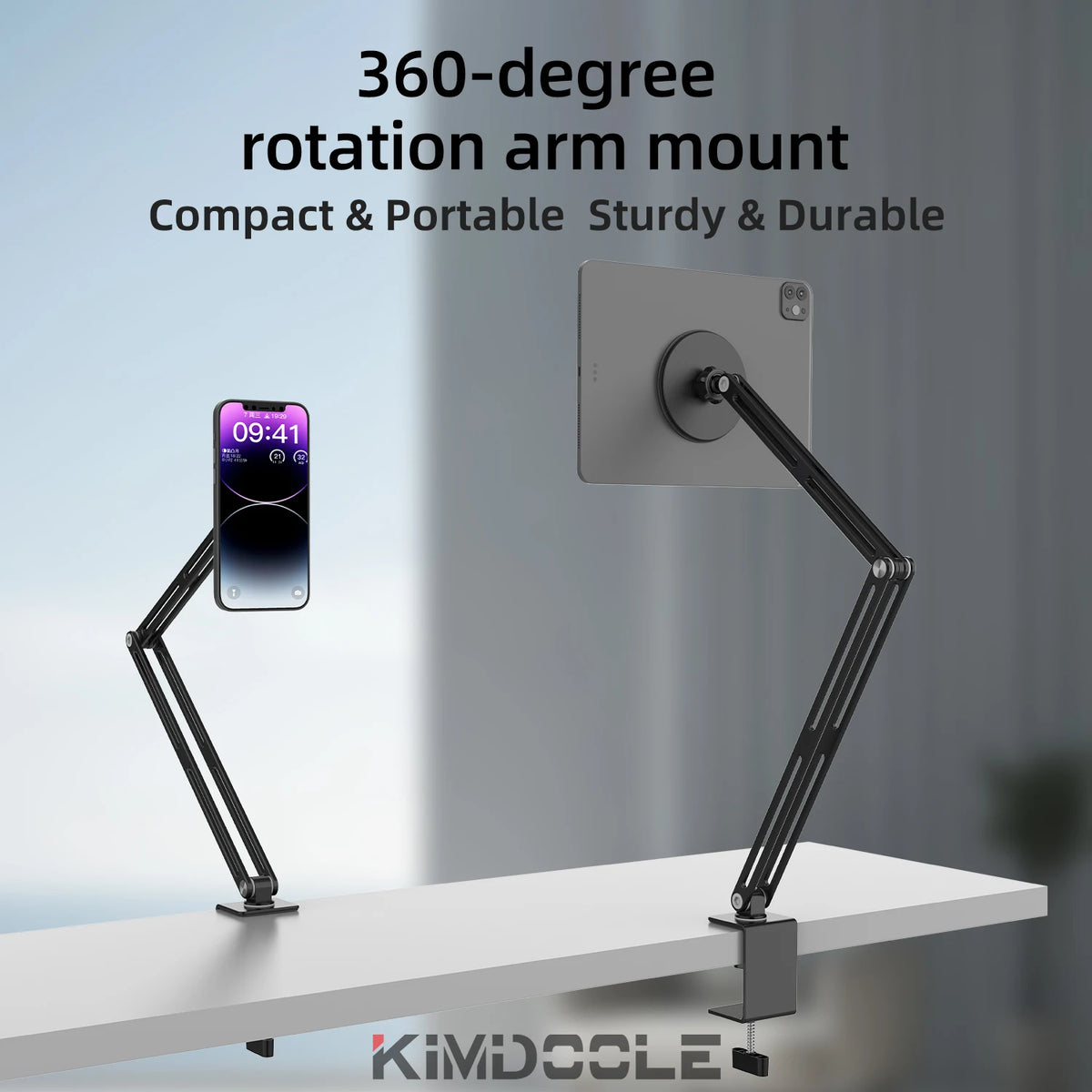 Aluminium tablet desk mount with rotating clamp arm, view 2