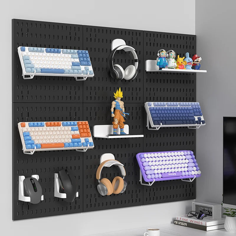 Black gaming pegboard wall organiser with holders, view 3