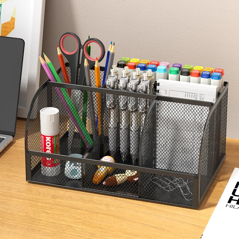 Metal mesh desk organiser with seven compartments and a drawer, view 4