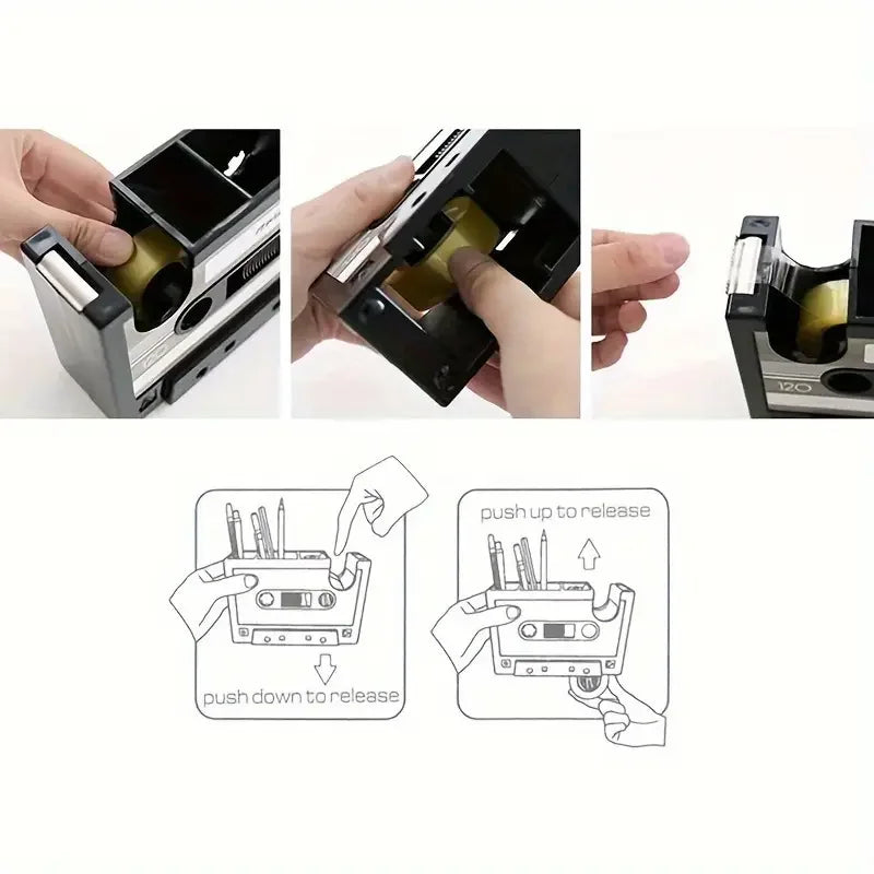 Cassette tape shaped desk tidy with pen compartments and a tape dispenser, view 2