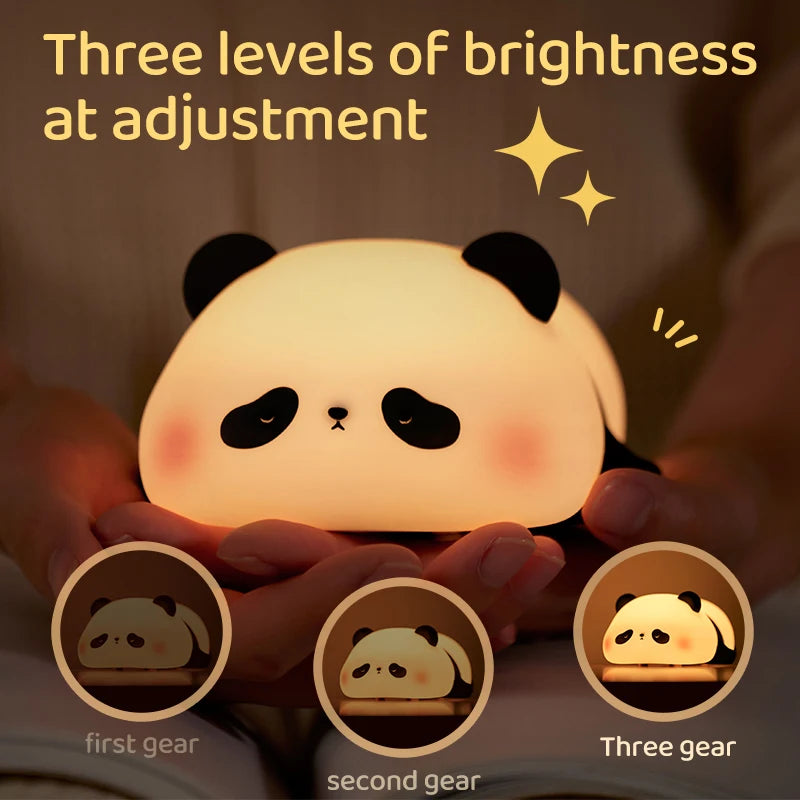 Cute panda-shaped night light with three levels of brightness indicated.