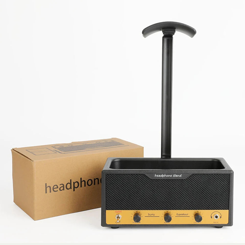 Wide black headphone stand with a full support bar, view 2