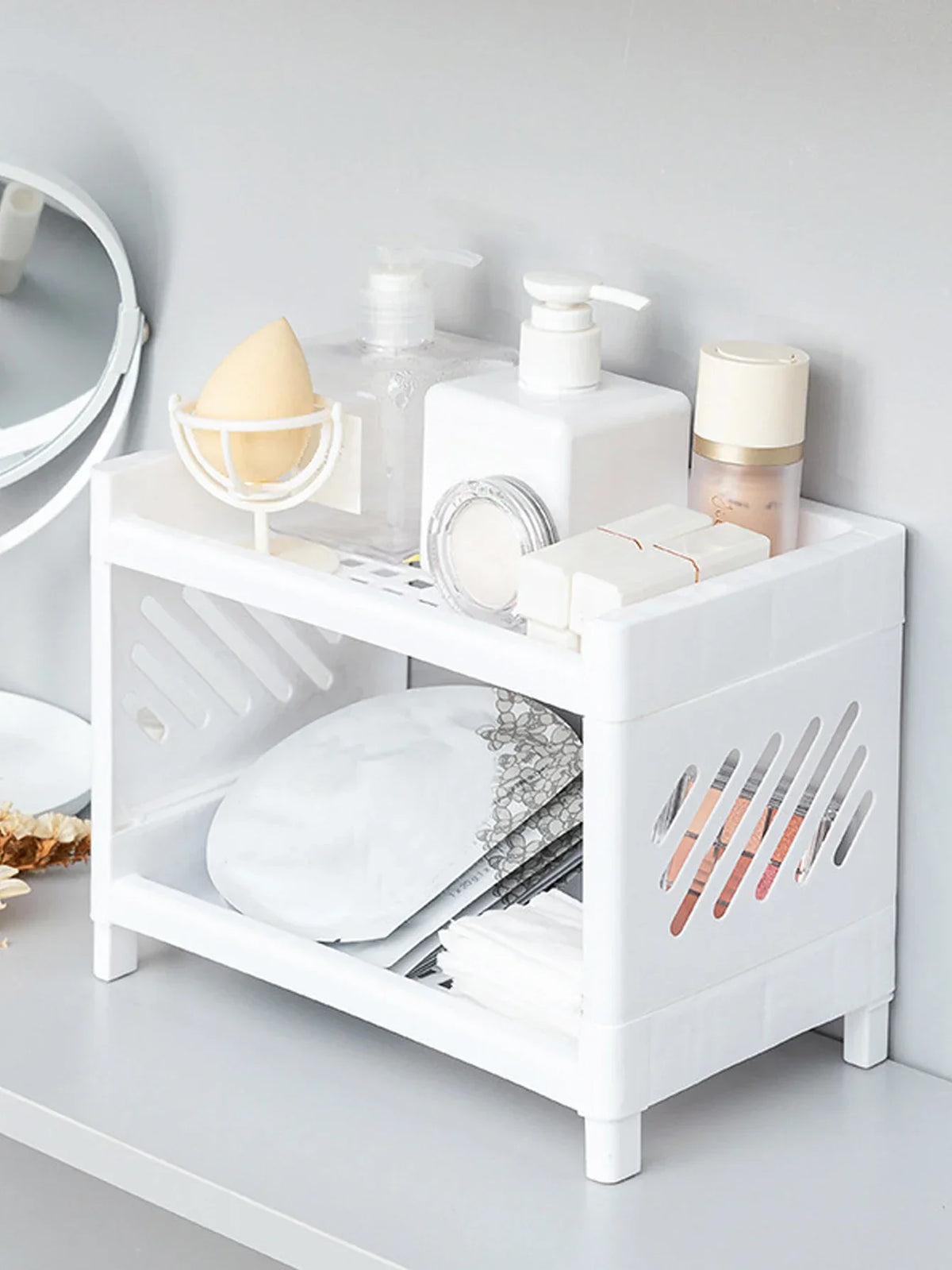 Double layer storage rack in pink, blue or white plastic, view 7