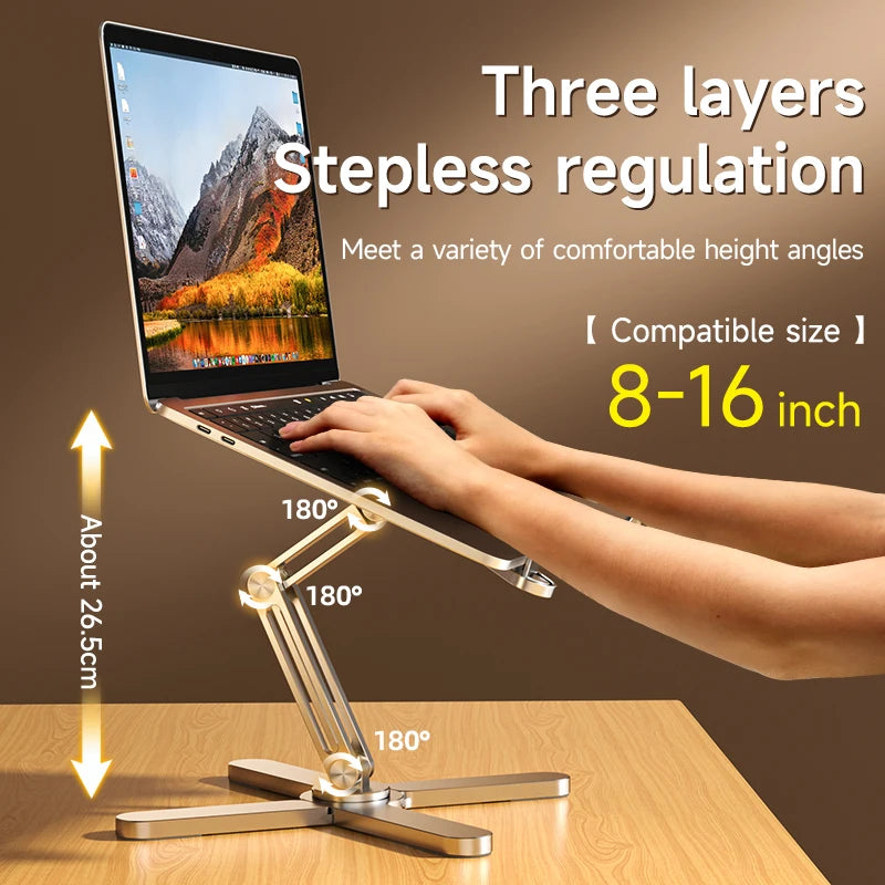 Foldable rotating aluminium laptop stand in silver or grey, view 3