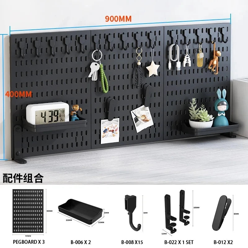 Full range of pegboard accessories laid out