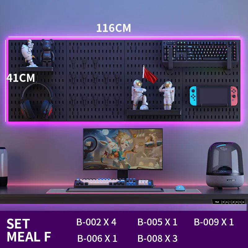 Black gaming pegboard wall organiser with holders, view 52