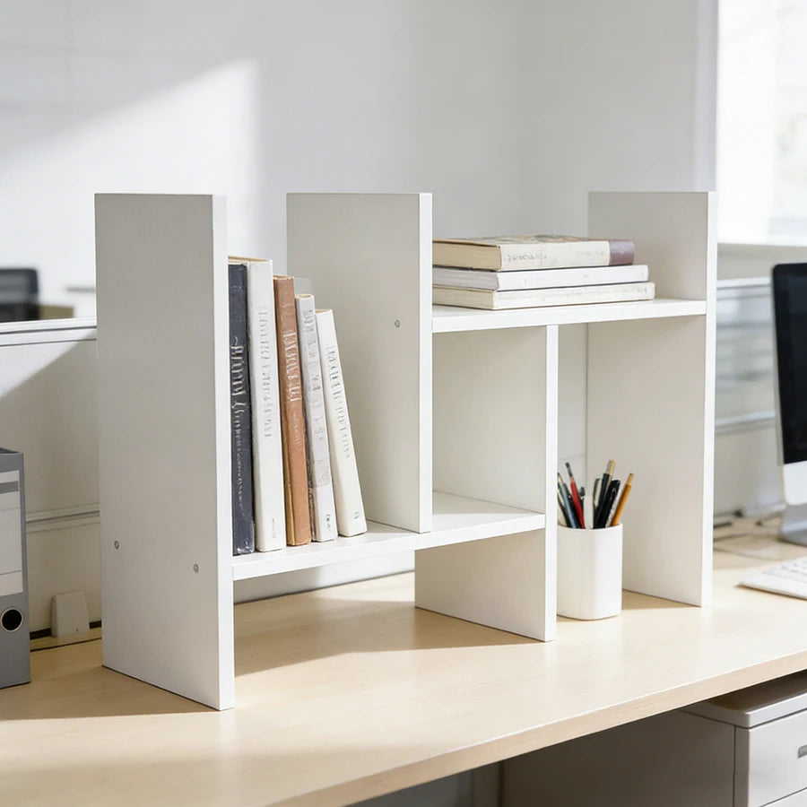 White adjustable desk bookshelf, expandable multi tier, view 10