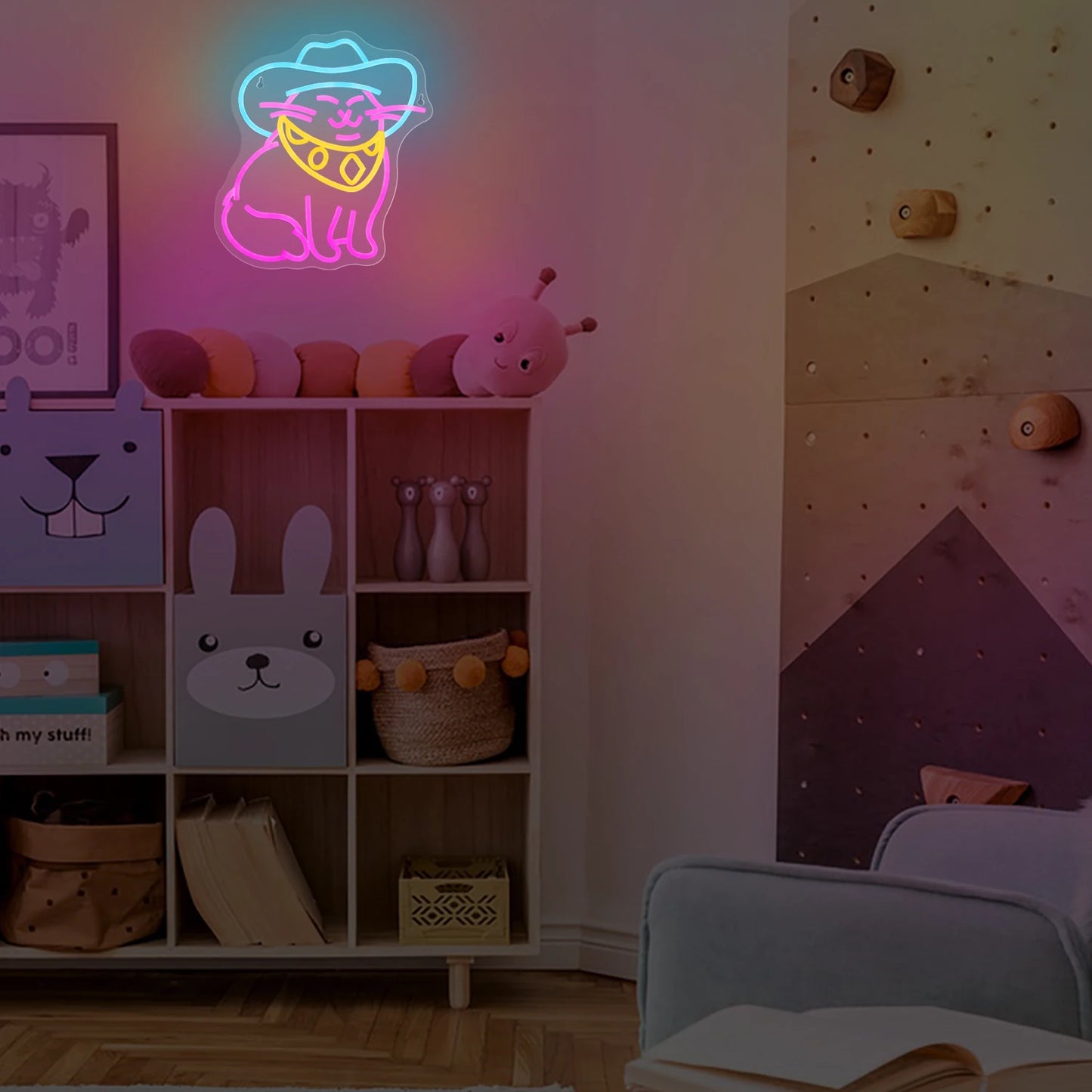 Children's room with a neon sign of a dog wearing a cowboy hat, shelves with toys, and a peg wall.