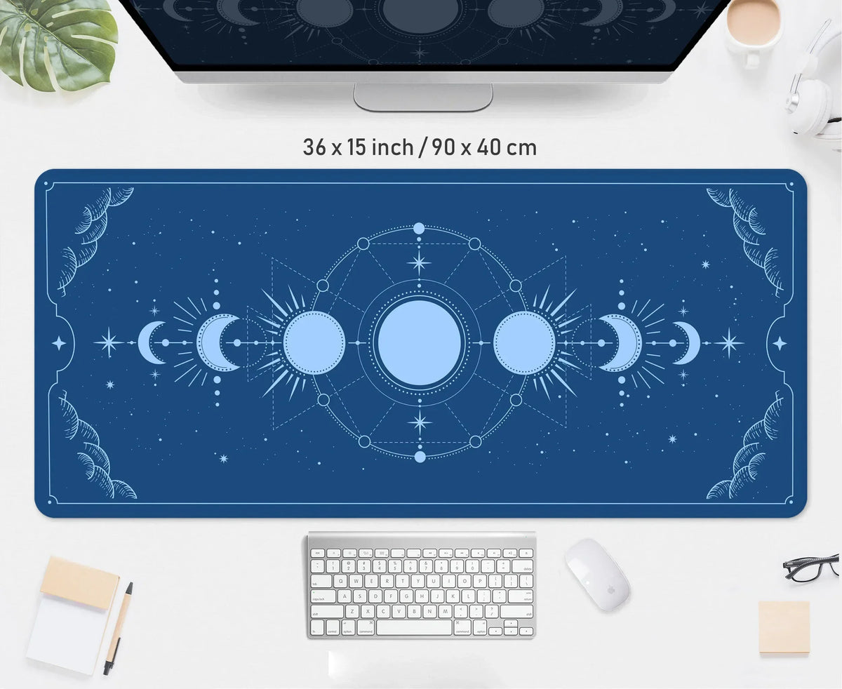 Beige desk mat printed with the phases of the moon, view 5