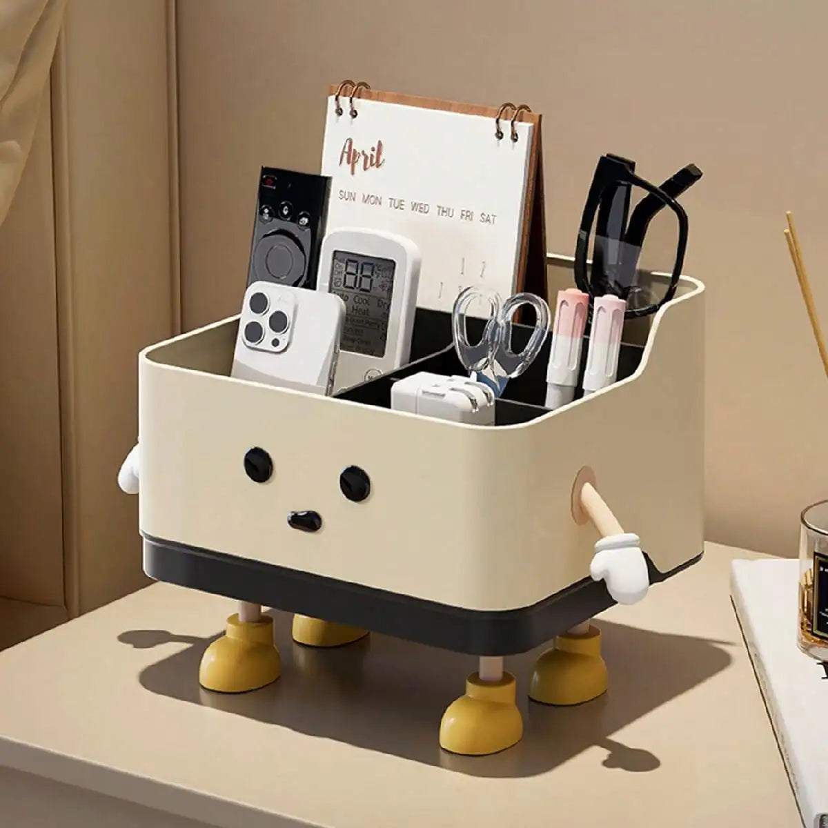 Yellow desktop organiser on a shelf
