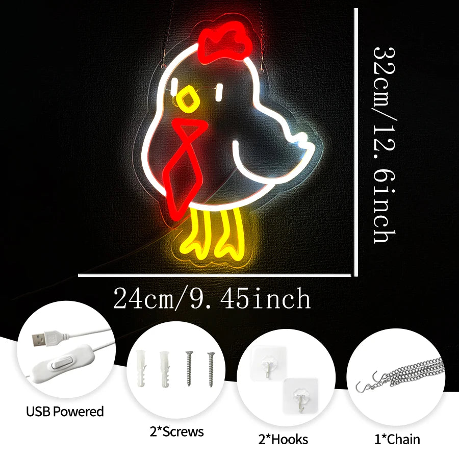Neon chicken sign with dimensions and accessories on a black background