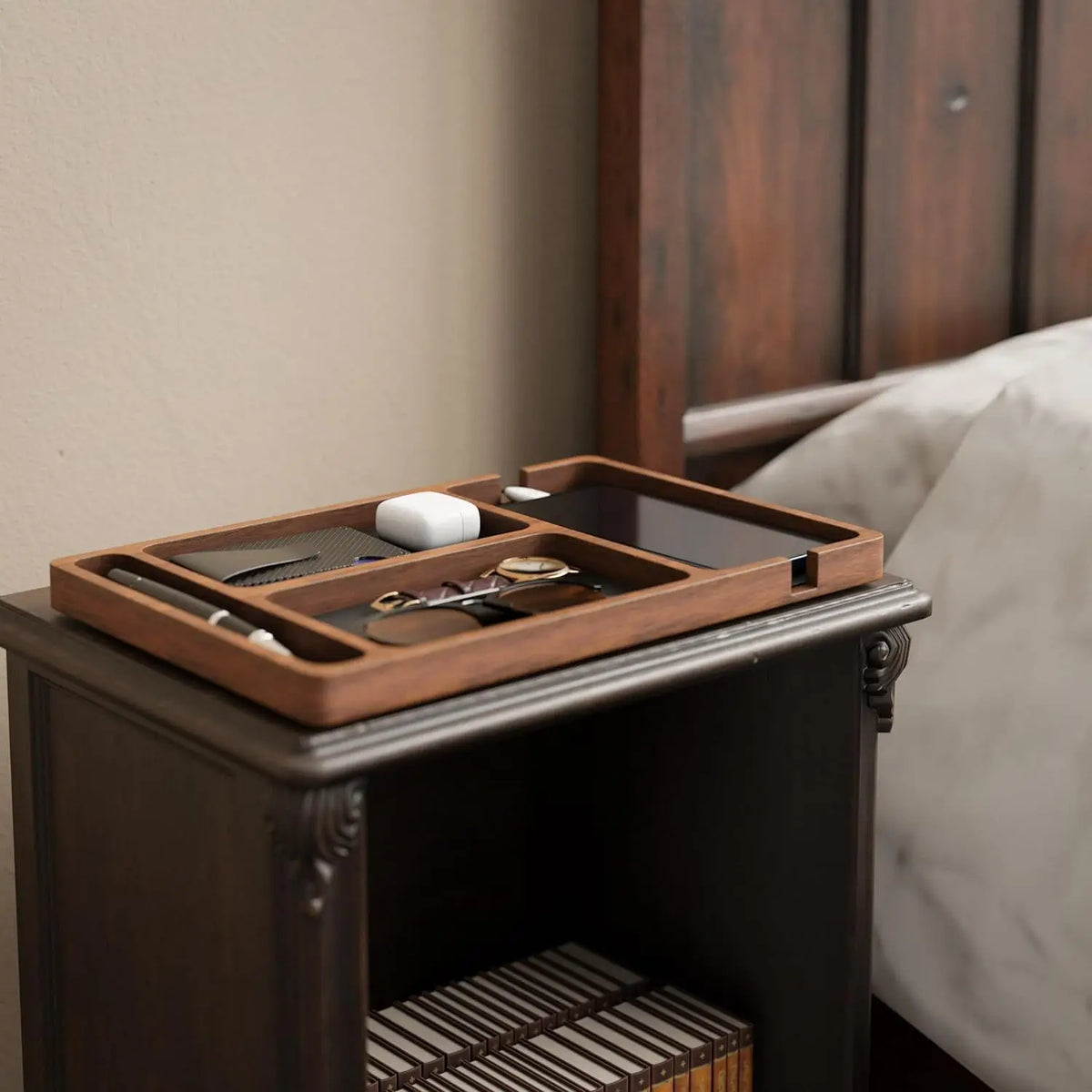 Wooden storage tray with divided compartments