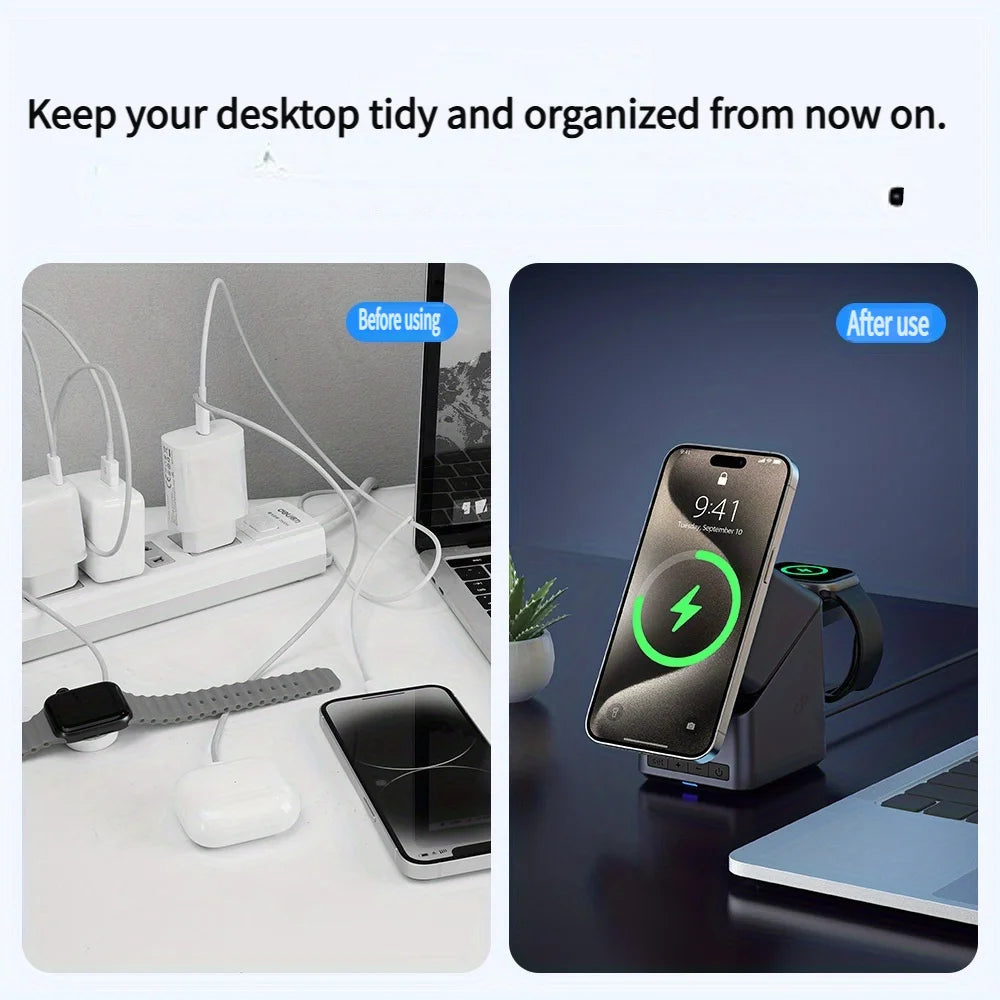 Magnetic 4 in 1 wireless charger with a digital clock, view 4