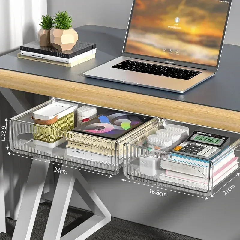 Pull out storage drawer for under a desk top, view 3