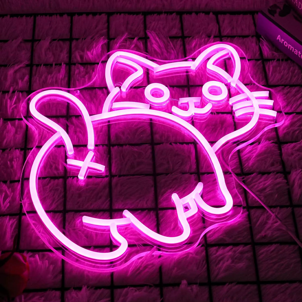 Pink cat neon light glowing bedroom wall art