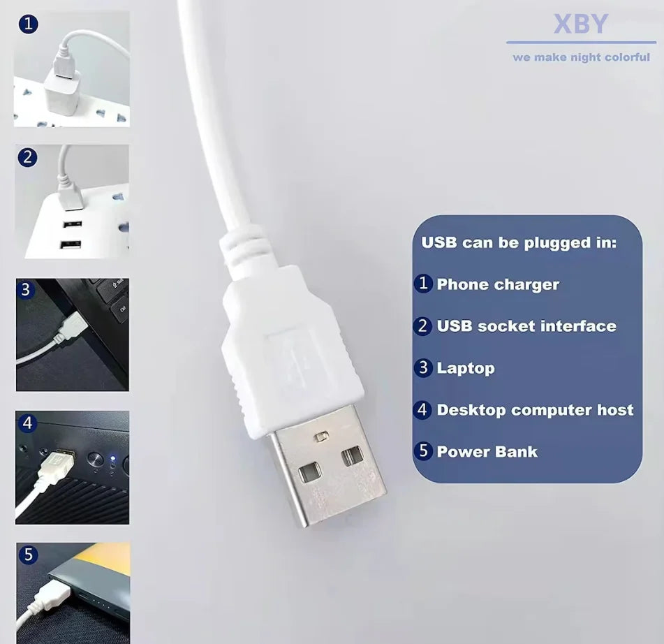 White USB cable with connectors on a gray background, featuring XBY branding.