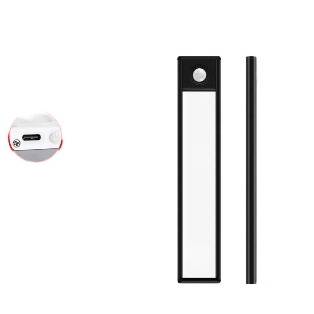 LED motion sensor light bar in black, front and side view with the USB-C charging port