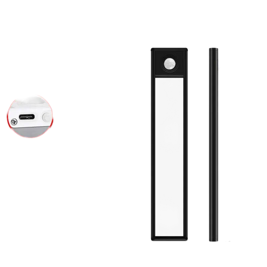 LED motion sensor light bar in black, front and side view with the USB-C charging port