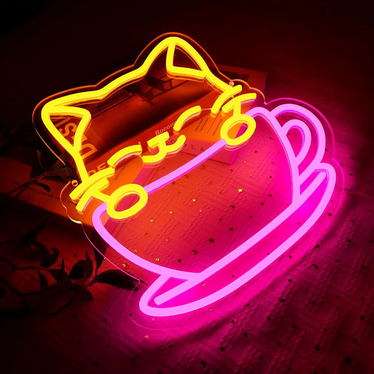 Coffee cat neon sign dimmable handcrafted LED light