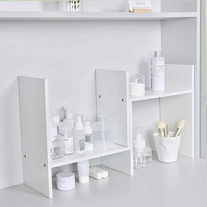 White adjustable desk bookshelf, expandable multi tier, view 9