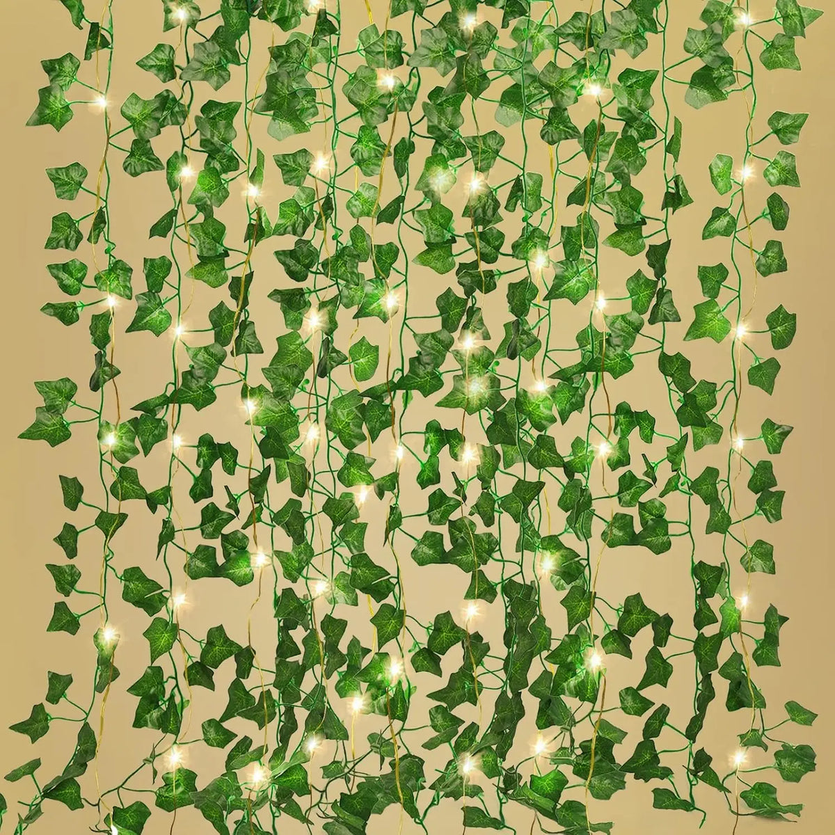 Close up of maple leaves and LED bulbs on the curtain strands