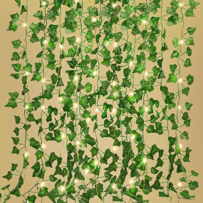 Close up of maple leaves and LED bulbs on the curtain strands