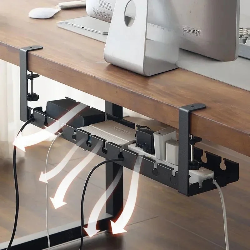Iron cable tray fitted beneath a desktop