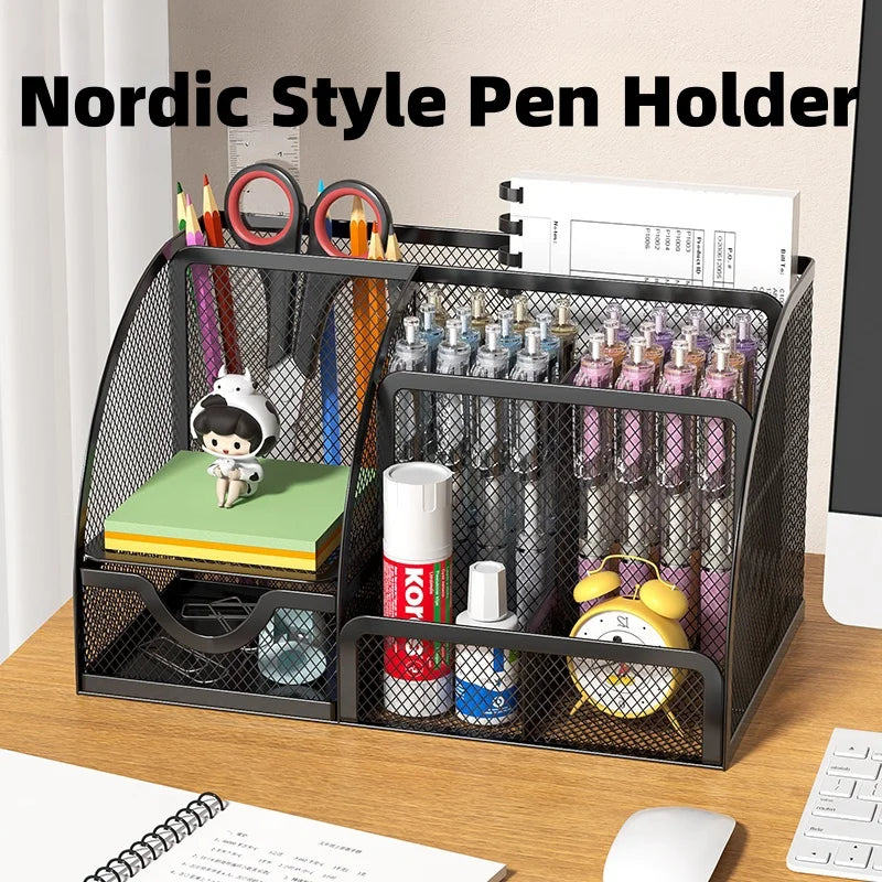 Metal mesh desk organiser with seven compartments and a drawer, view 3