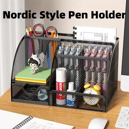 Metal mesh desk organiser with seven compartments and a drawer, view 3