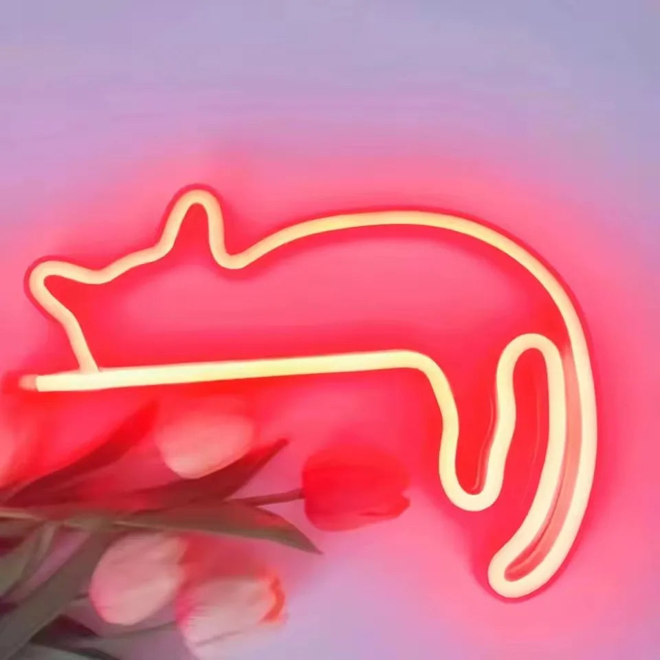 Cat neon sign in red color showing battery and USB power options, compact size LED animal decoration